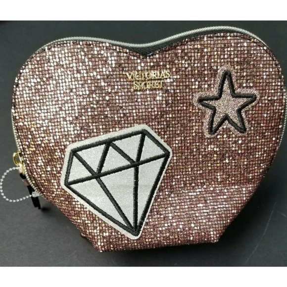 VICTORIAS SECRET PINK GLITTER SEQUIN HEART COSMETIC BAG MAKEUP CASE - Picture 1 of 7
